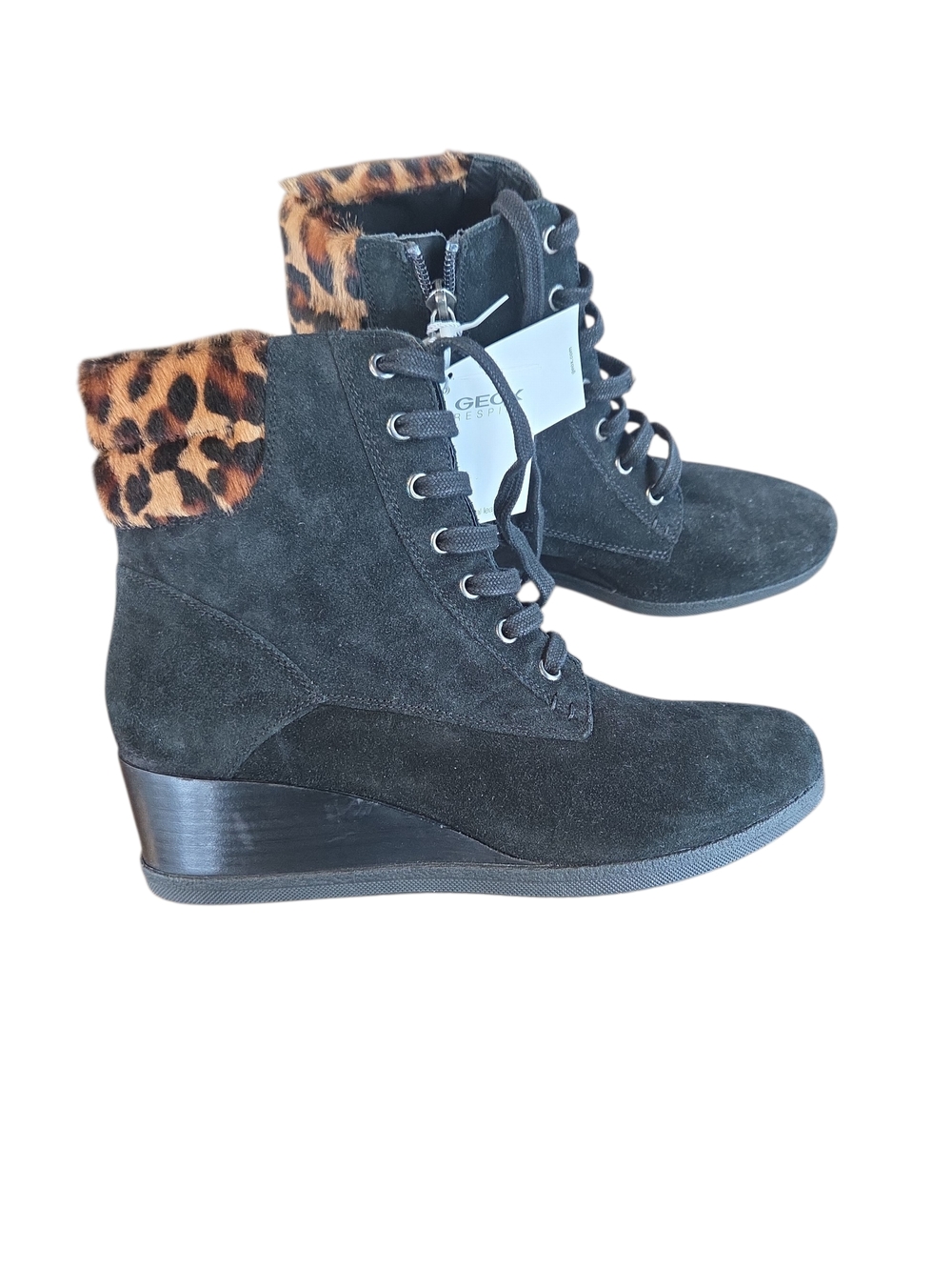 Geox Size 10 Women's NEW Black Suede Wedge Ankle Boots with Leopard Cuff